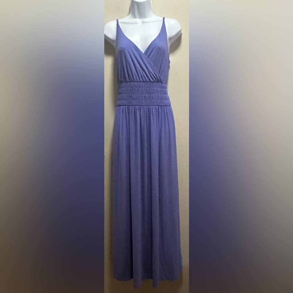 ✨💜White House Black Market WHBM Purple PeriwinkleV-Neck Ruched Maxi Dress Size M - Picture 14 of 16